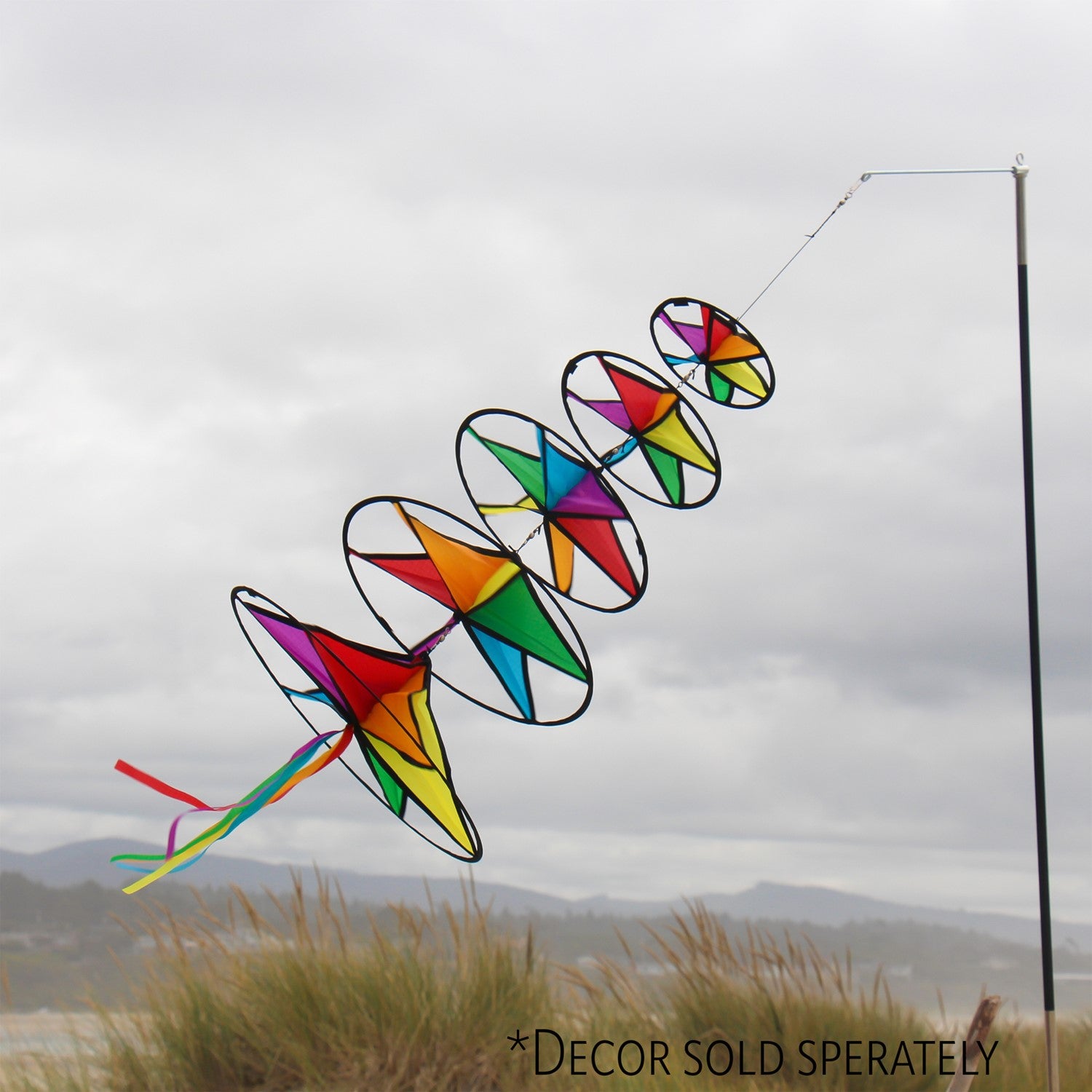 10 FT 3-Section Heavy Duty Pole with a swiveling arm for outdoor use, showcasing a colorful feather banner in an outdoor setting.