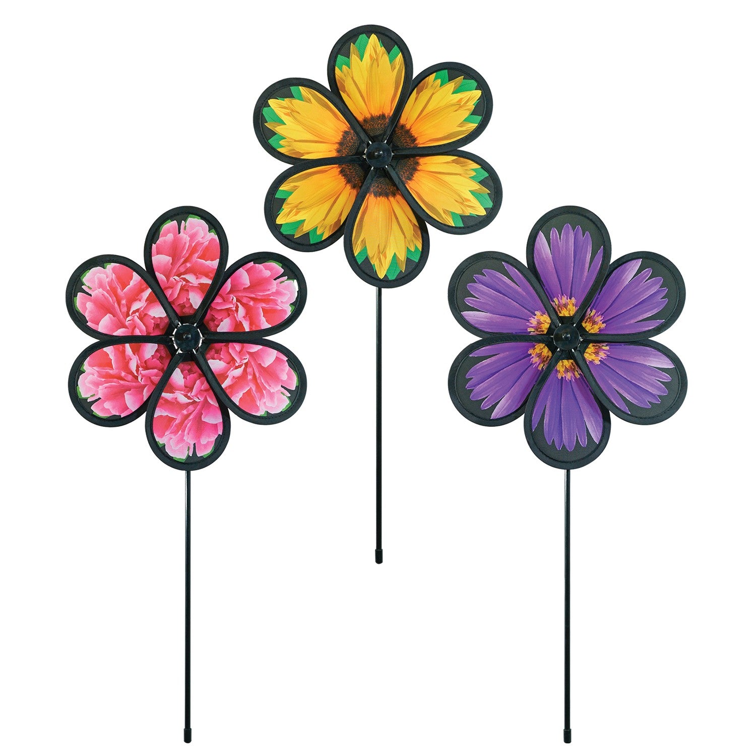 Assorted 10-inch realistic flower spinners showcasing Aster, Sunflower, and Peony designs, gently spinning in an outdoor garden setting.