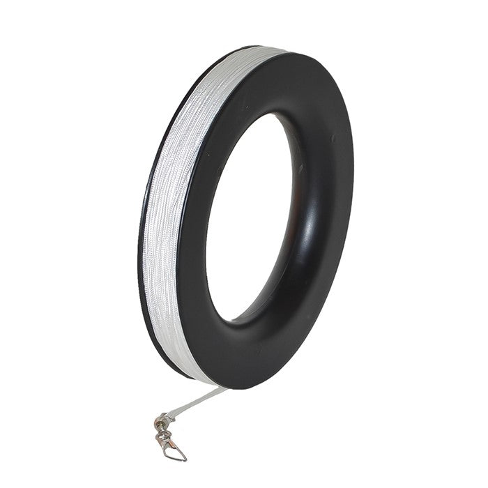 100 LB x 300' braided kite line on a durable plastic hoop, featuring a 75 lb snap swivel for easy kite connectivity, ideal for outdoor flying.