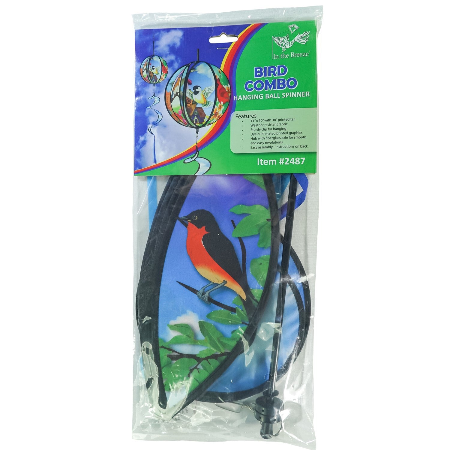Colorful 11" Bird Hanging Ball Spinner featuring printed bird designs and bright tail, perfect for adding playful motion to your outdoor decor.