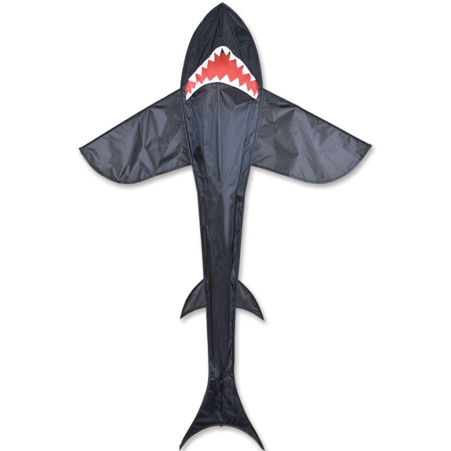 11 ft. 3D Shark Kite displaying in the sky, showcasing its vibrant shark design during a sunny day at the beach.