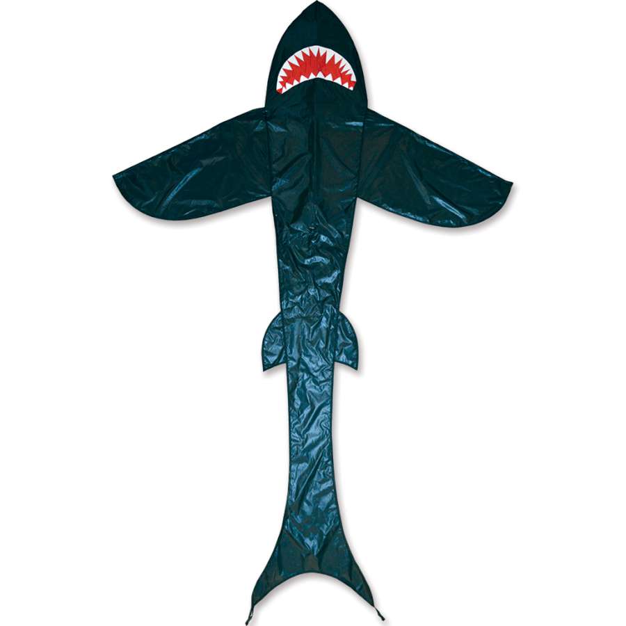 11 ft. Shark kite designed in black, soaring high against the blue sky, showcasing its impressive size and unique sea life theme.