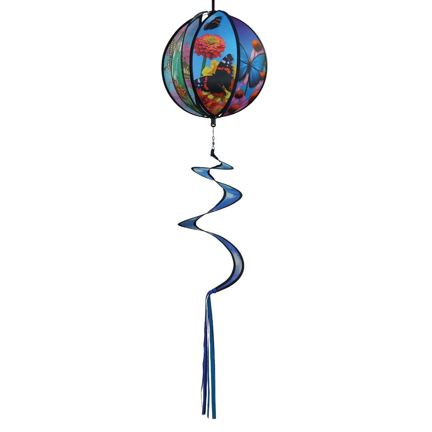 11-inch butterfly hanging ball spinner with six colorful butterfly design panels spinning in a garden setting on a sunny day.