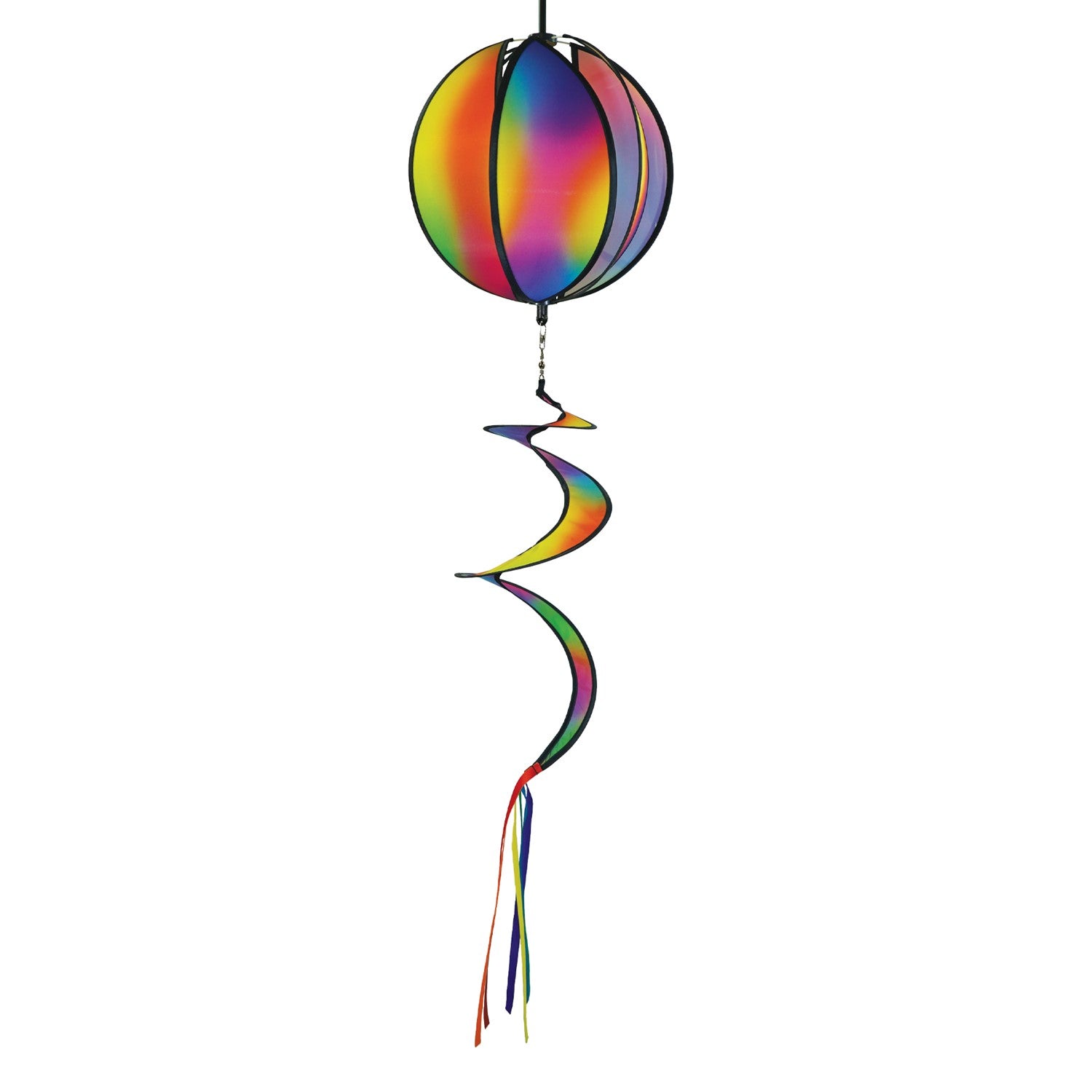 11-inch Jewel Hanging Ball Spinner with blended jewel design spinning in a garden, featuring six colorful panels and a 30-inch curlie tail.