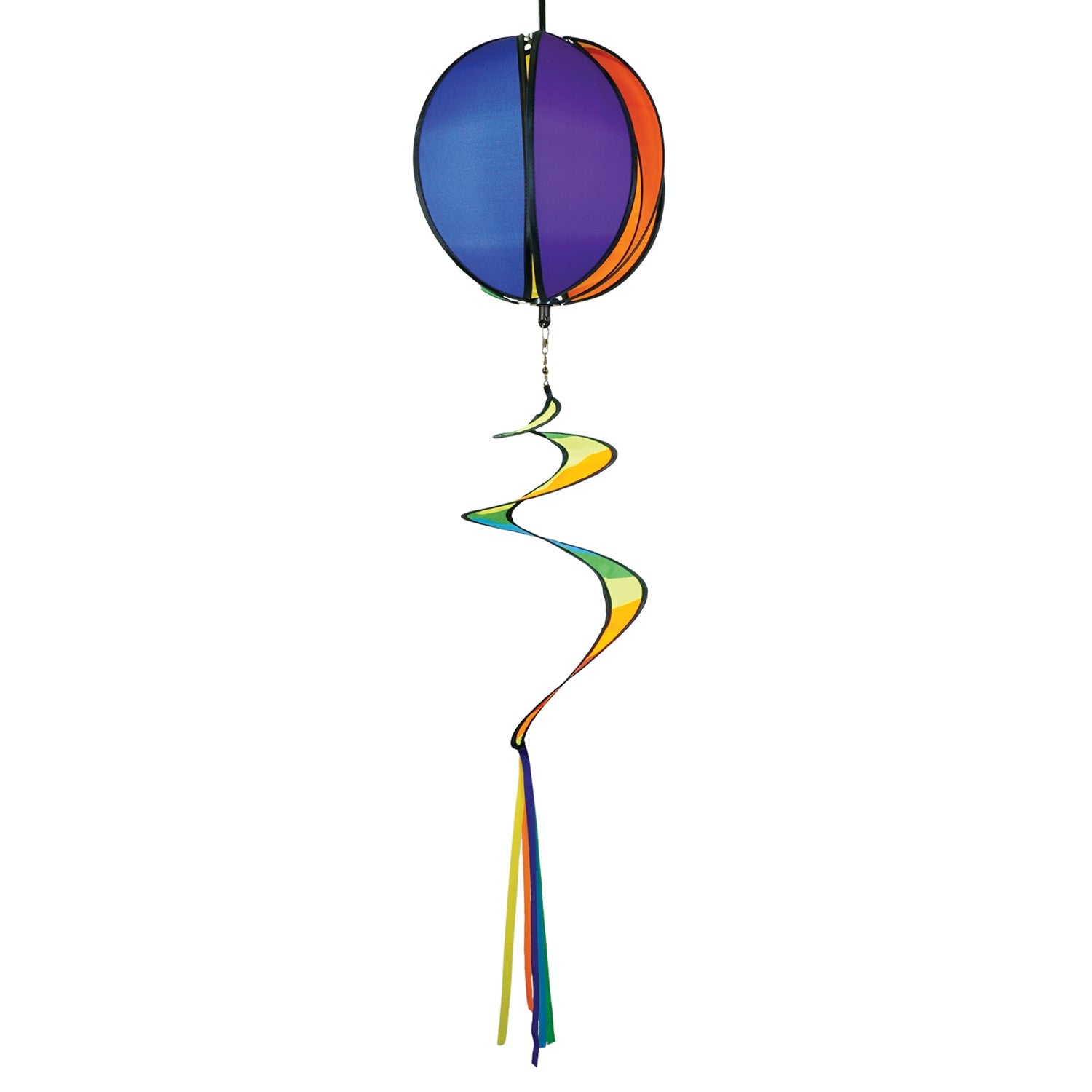 Colorful 11-inch Rainbow-Panel Hanging Ball Spinner displaying six vibrant panels and a curly tail, spinning in the garden under outdoor sunlight.