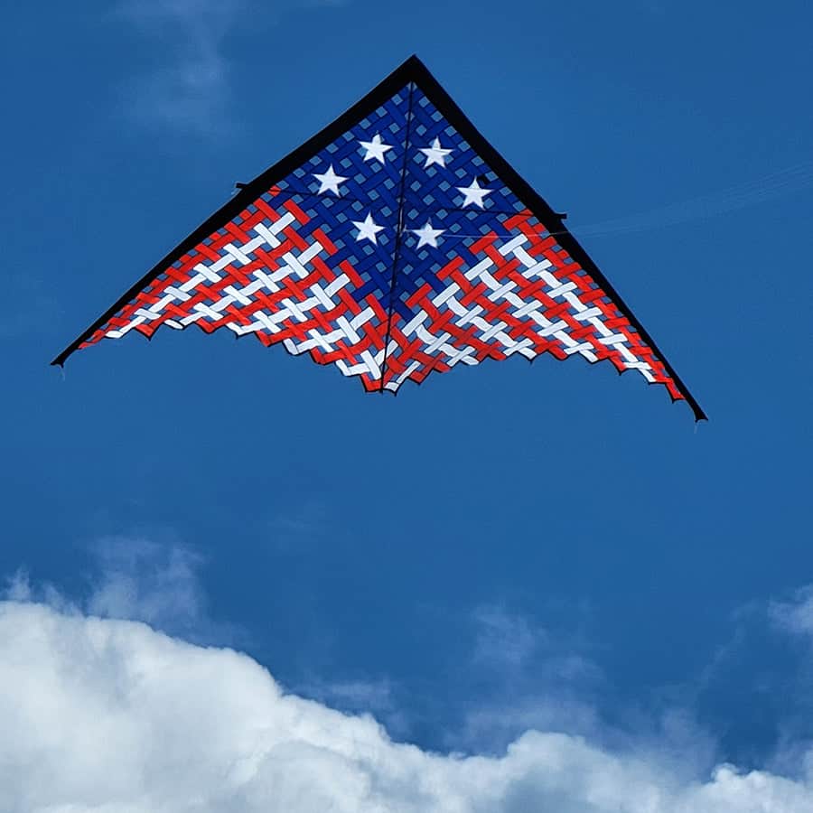 Patriotic mesh delta kite with red, white, and blue stars and stripes design for high-flying performance in moderate wind conditions.