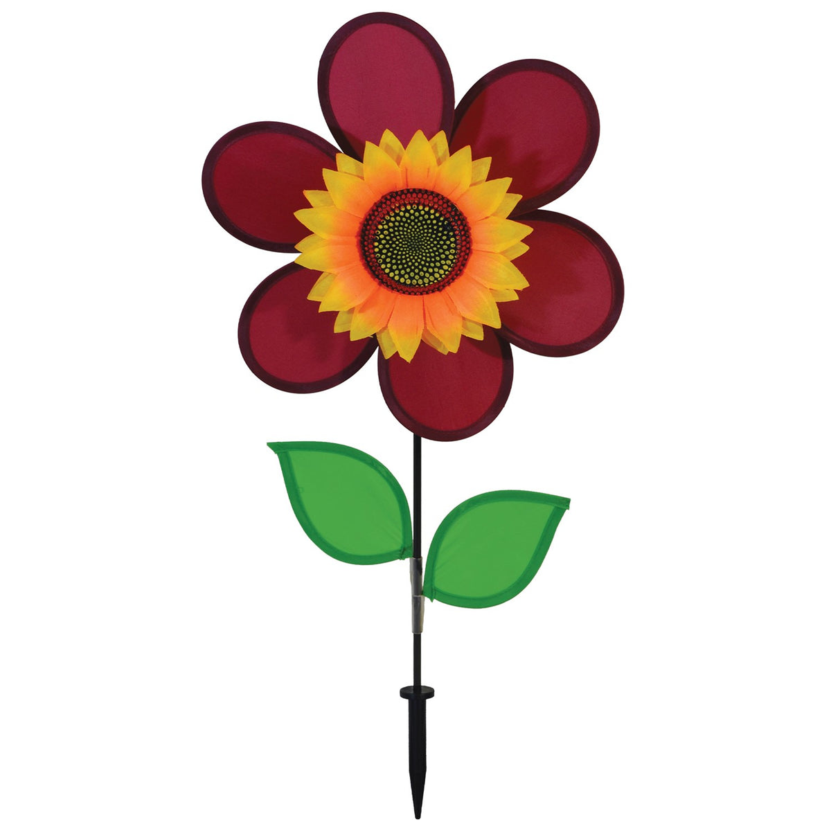 12" burgundy sunflower spinner in vibrant colors with spinning petals displayed in a garden setting, enhancing outdoor decor.