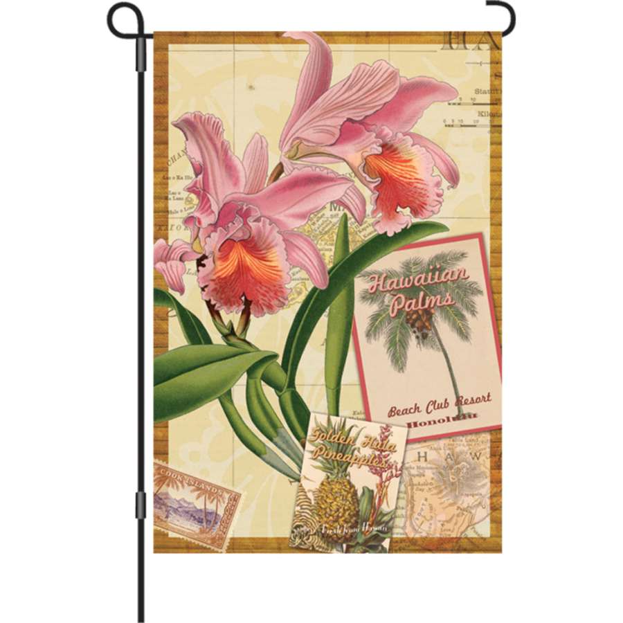 12 in. Aloha Orchid garden flag showcasing vivid orchid blooms in a garden setting, made of soft PremierSoft fabric for elegant outdoor decor.