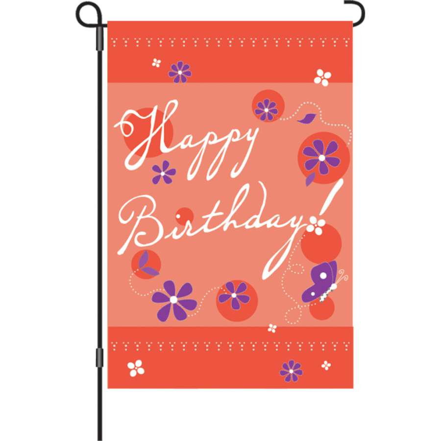 12 in. Birthday Blast garden flag displaying bright colors and 'Happy Birthday!' text, perfect for outdoor birthday celebrations.