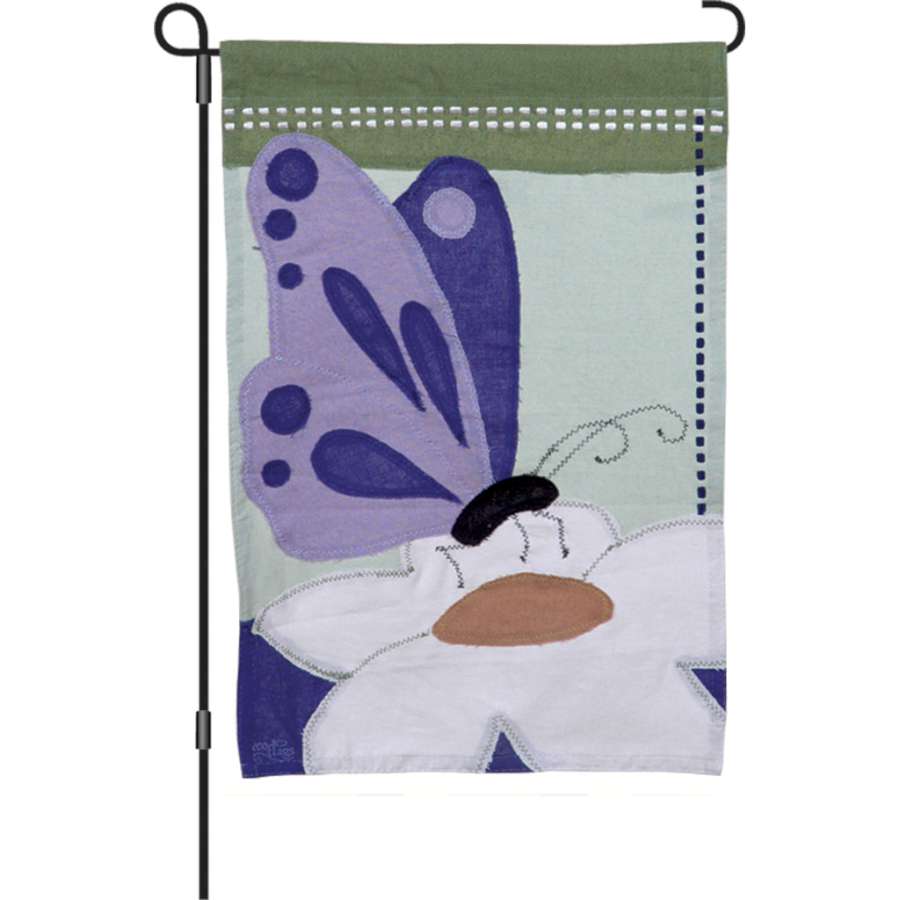 12 in. Butterfly Garden Flag displayed in a vibrant outdoor setting, showcasing its colorful applique design and durable fabric for garden decor.