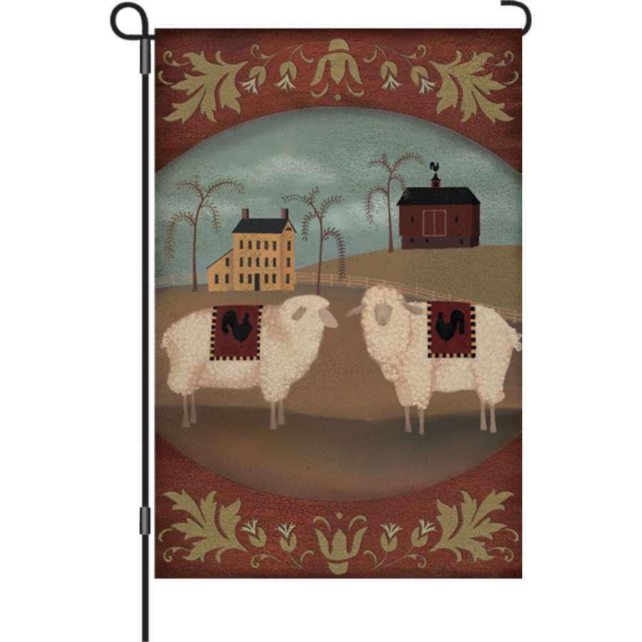 12 in. Country Homestead garden flag featuring an autumn scene displayed on a garden flag stand in a vibrant yard.