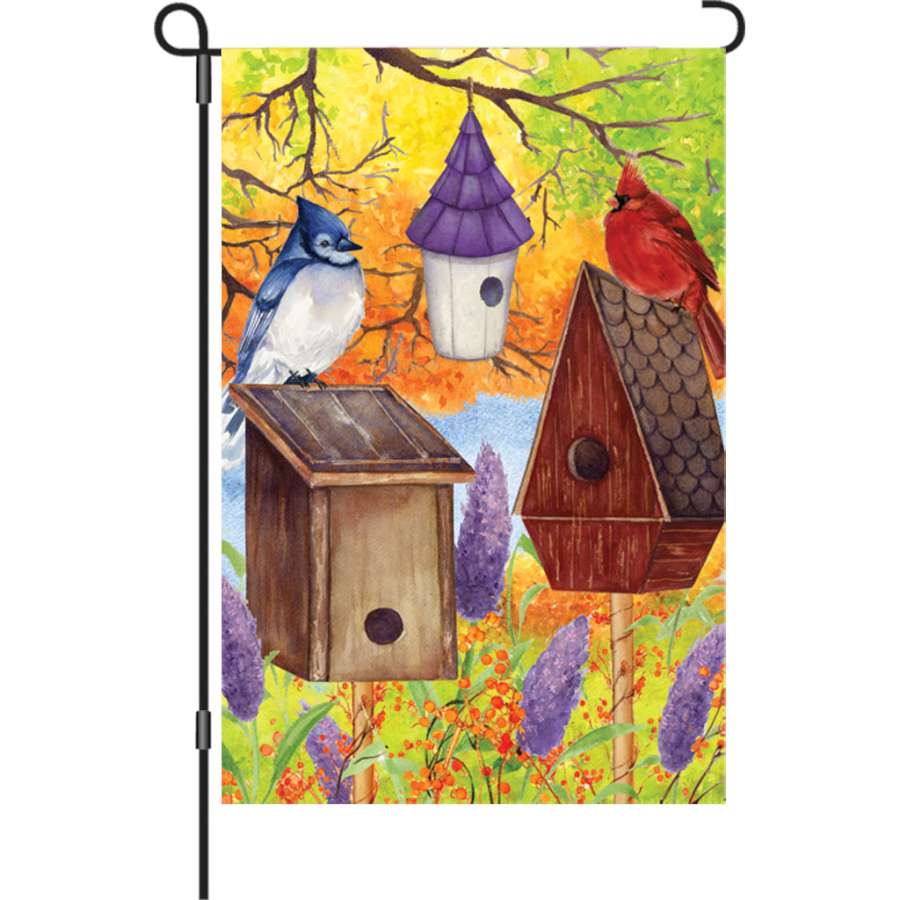 12 in. Fall Bird Gathering illuminated garden flag featuring colorful birds among autumn leaves, designed for outdoor display.