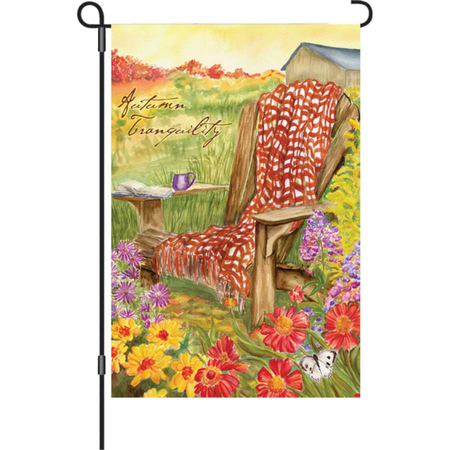 12 in. illuminated garden flag featuring the Autumn Tranquility design, showcasing vibrant fall colors in an outdoor setting.