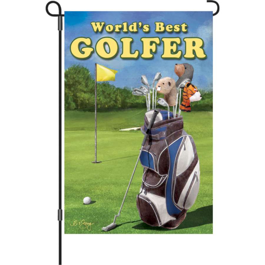 12 in. Flag - Best Golfer featuring vibrant colors and top-stitching displayed in a sunny outdoor garden setting.
