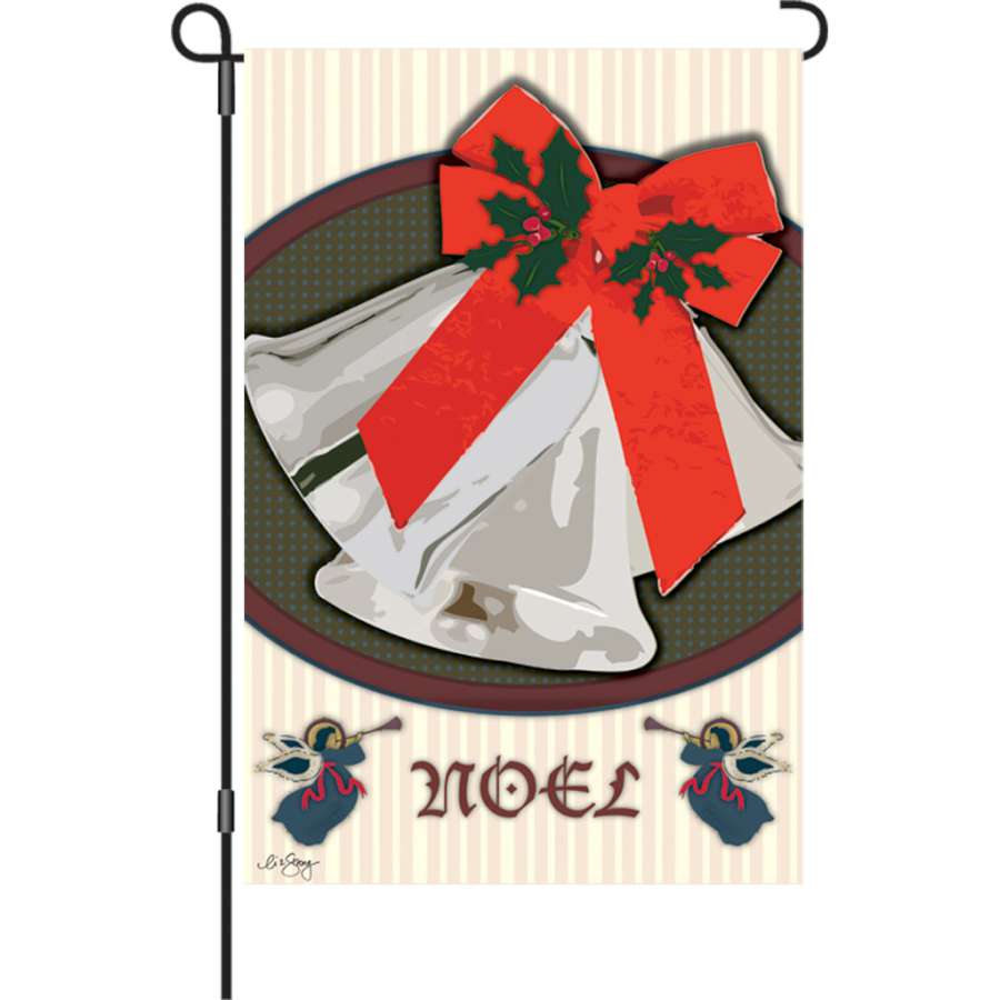 12 in. Christmas garden flag featuring festive bells and 'NOEL' lettering displayed on an outdoor flagpole in a winter setting.