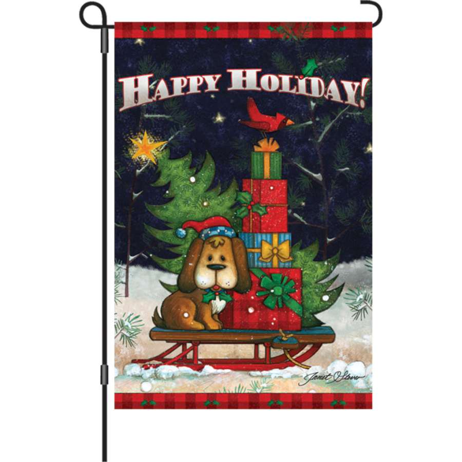12 in. Doggone Happy Holiday garden flag featuring 'HAPPY HOLIDAY!' text in vibrant colors, displayed outdoors with gentle wind sway.