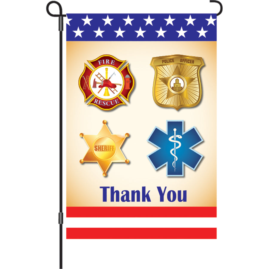 12 in. First Responders garden flag in PremierSoft fabric displaying 'Thank You' on both sides, fluttering gracefully in the wind.
