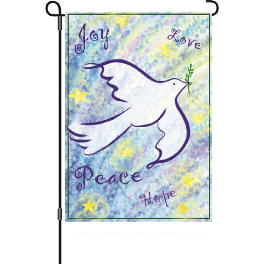 12 in. garden flag featuring the words 'Joy Love Peace Hope' displayed against a winter background, designed to spread positivity outdoors.