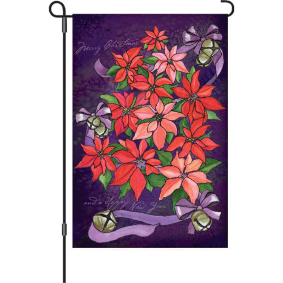 Illuminated 12 in. Poinsettia Topiary garden flag displayed outdoors, showcasing a vibrant holiday design for winter decoration.