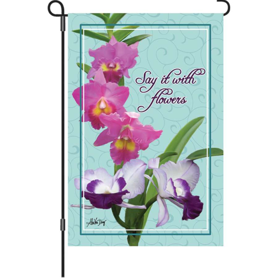 12 in. Say It With Flowers garden flag featuring a colorful floral design, displayed in a sunny outdoor setting to enhance garden aesthetics.