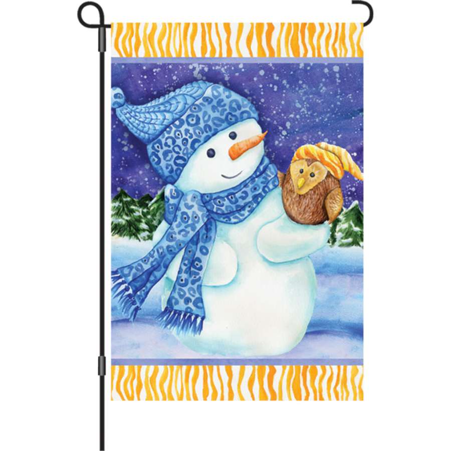 12 in. garden flag featuring a snowman and owl design, illuminated and displayed outdoors in a festive winter setting.