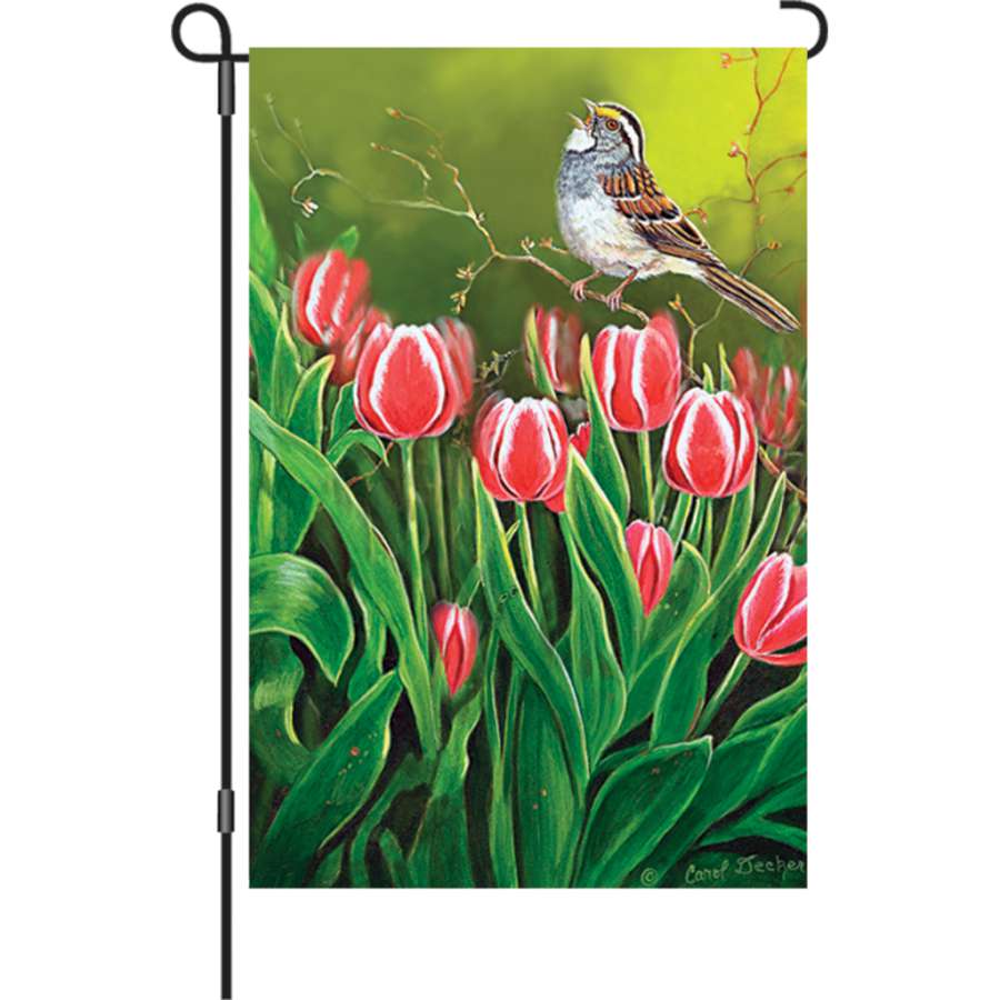 12 in. Flag - Spring Concert displaying a colorful floral and musical design in a garden setting, made from soft PremierSoft fabric.