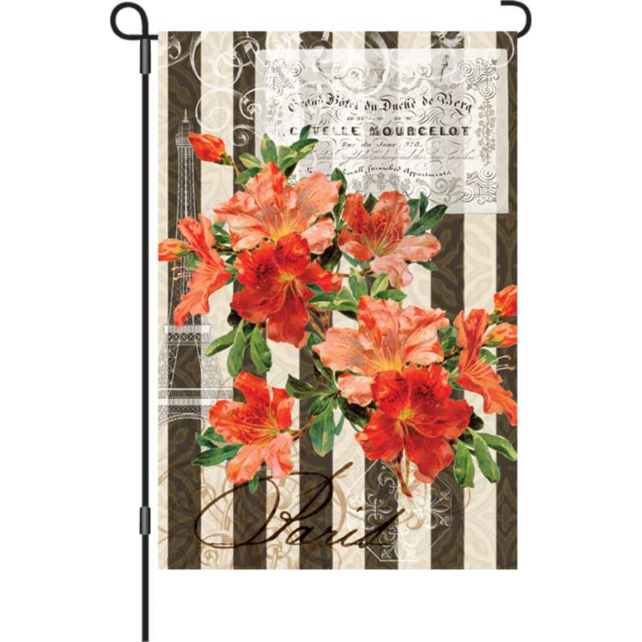 Vibrant 12 in. Flag - Springtime Azalea displayed in a garden, showcasing colorful flowers and soft fabric in a breezy outdoor setting.