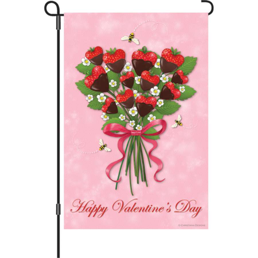 12 in. garden flag featuring a charming strawberry bouquet design and 'Happy Valentine's Day' message, displayed outdoors.