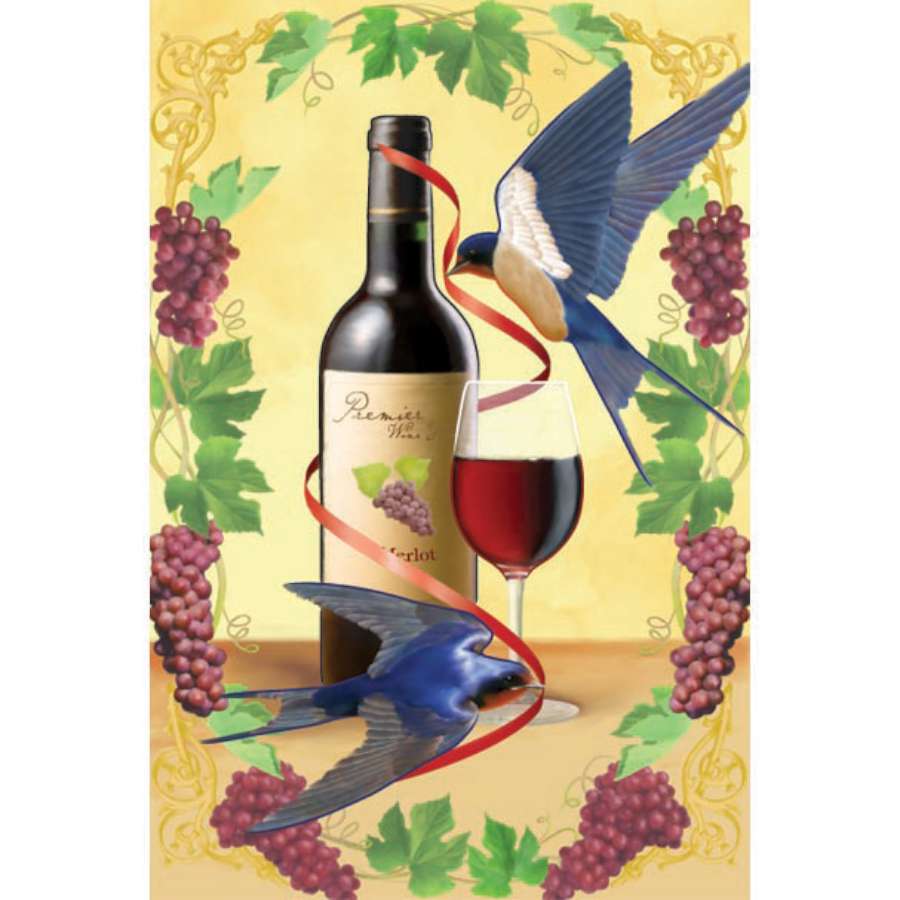12 in. garden flag featuring vibrant Swallows of Capistrano design displayed outdoors, showcasing swallows flying in a blue sky.