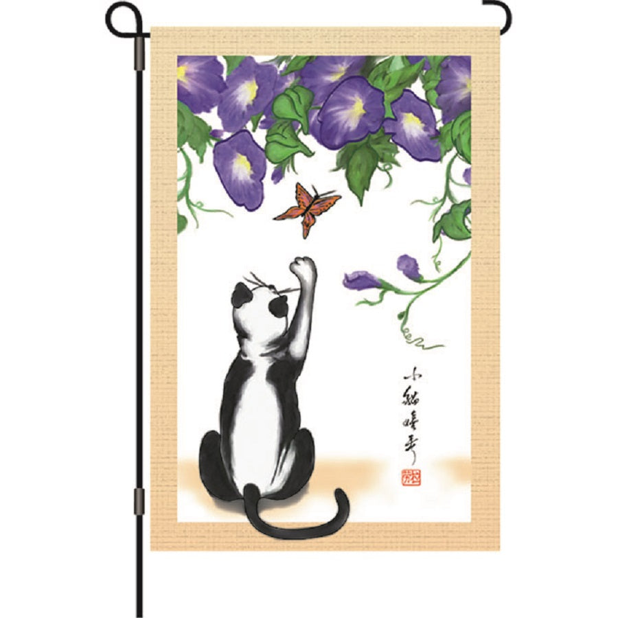 12 in. garden flag featuring a colorful cat illustration, designed for pet lovers, displayed in a garden setting.