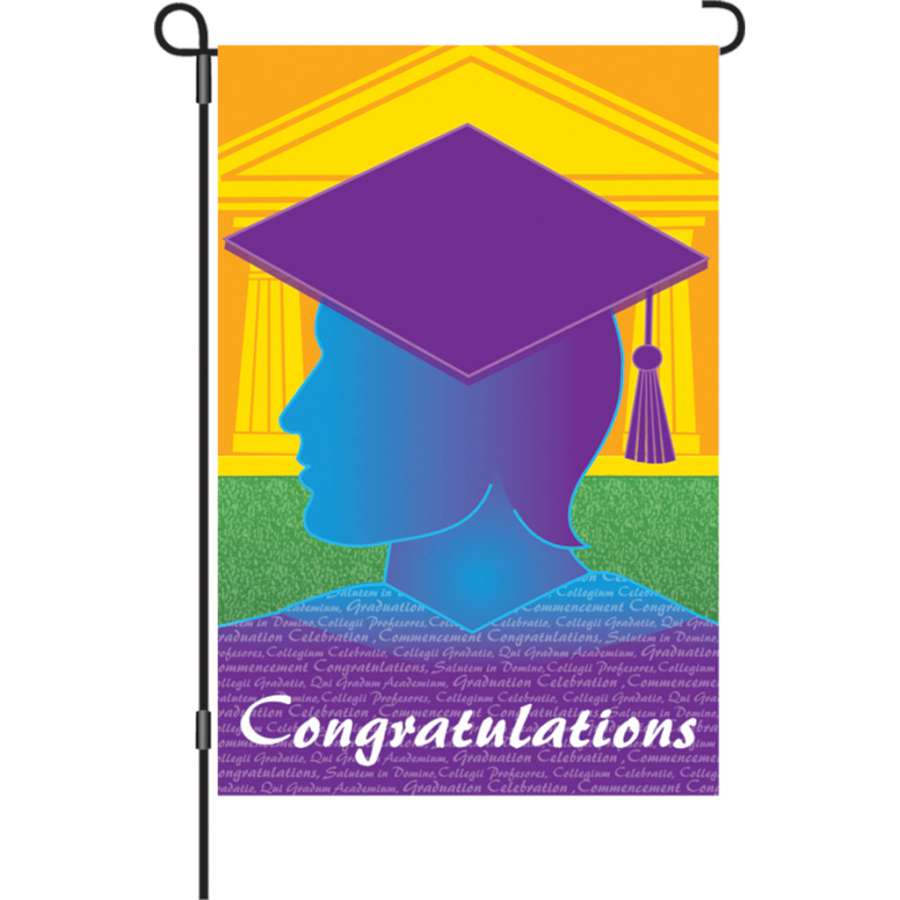 12 in. Flag - the Graduate, a garden flag displaying 'Congratulations' in bold colors, featuring a festive outdoor display at a graduation event.