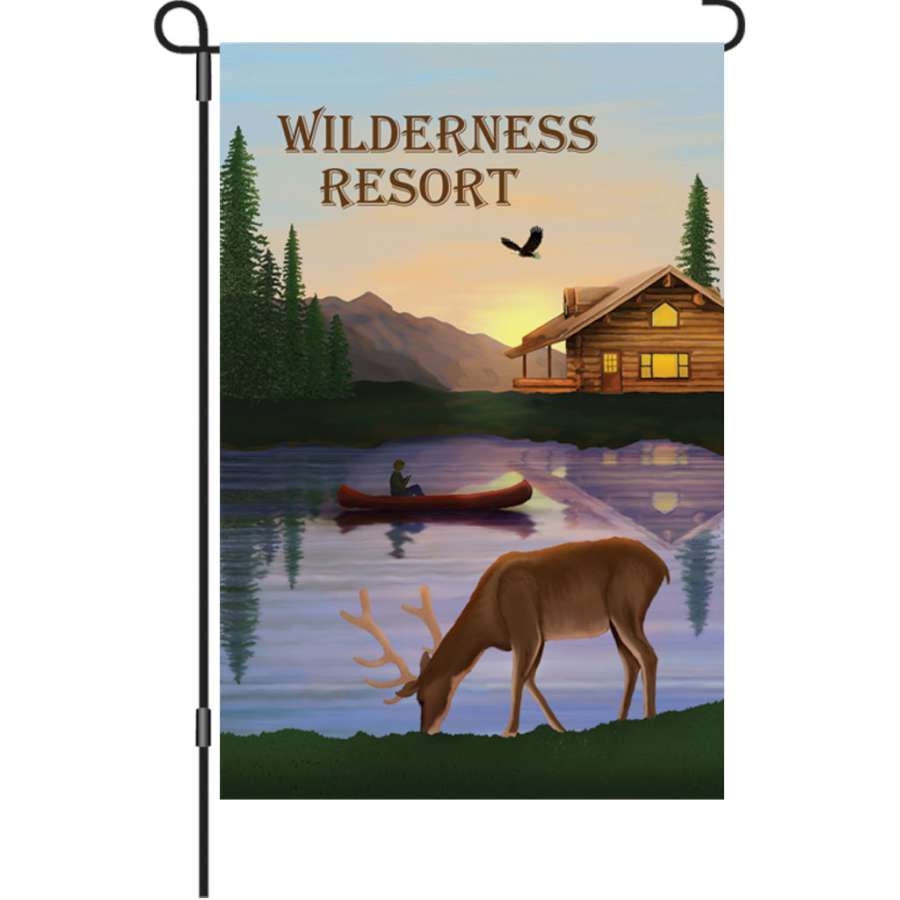 12 in. illuminated garden flag featuring Wilderness Resort design, vibrant colors glowing in an outdoor setting, enhancing yard aesthetics.