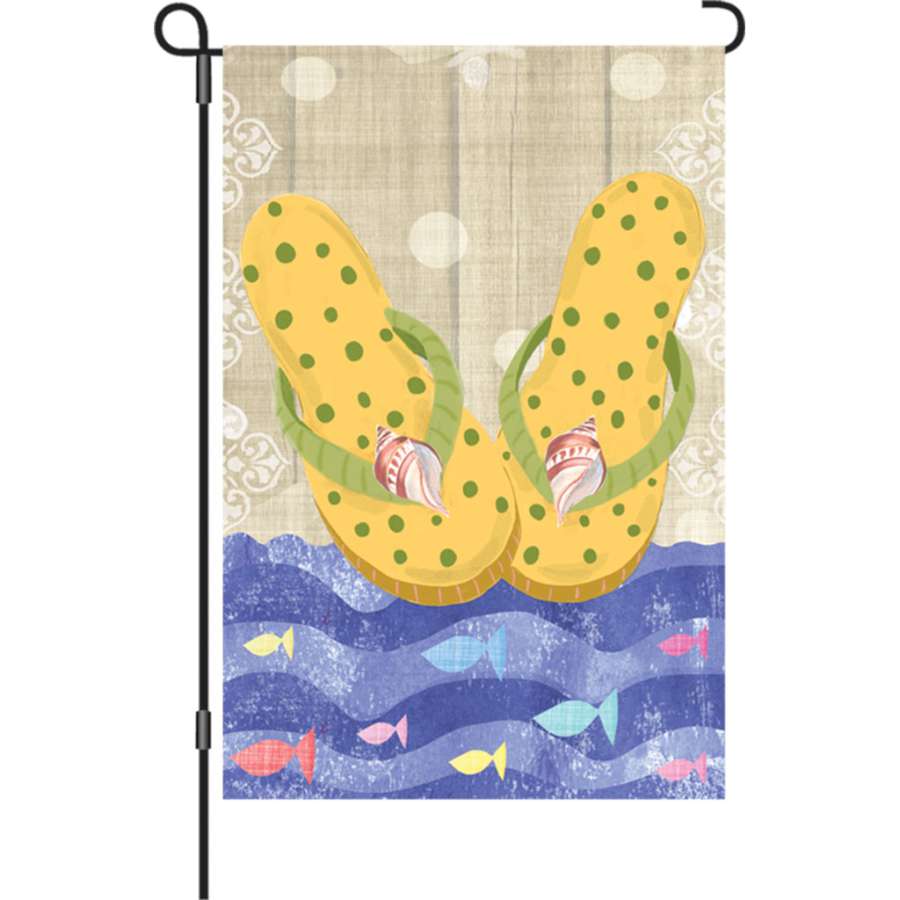 12 in. garden flag featuring cheerful yellow flip flops design, designed for summer outdoor use, enhancing garden decor.