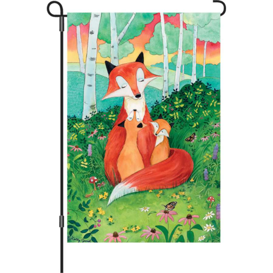 12 in. Fox Family garden flag featuring vibrant colors and glowing illumination displayed in a garden setting, adding charm and character.