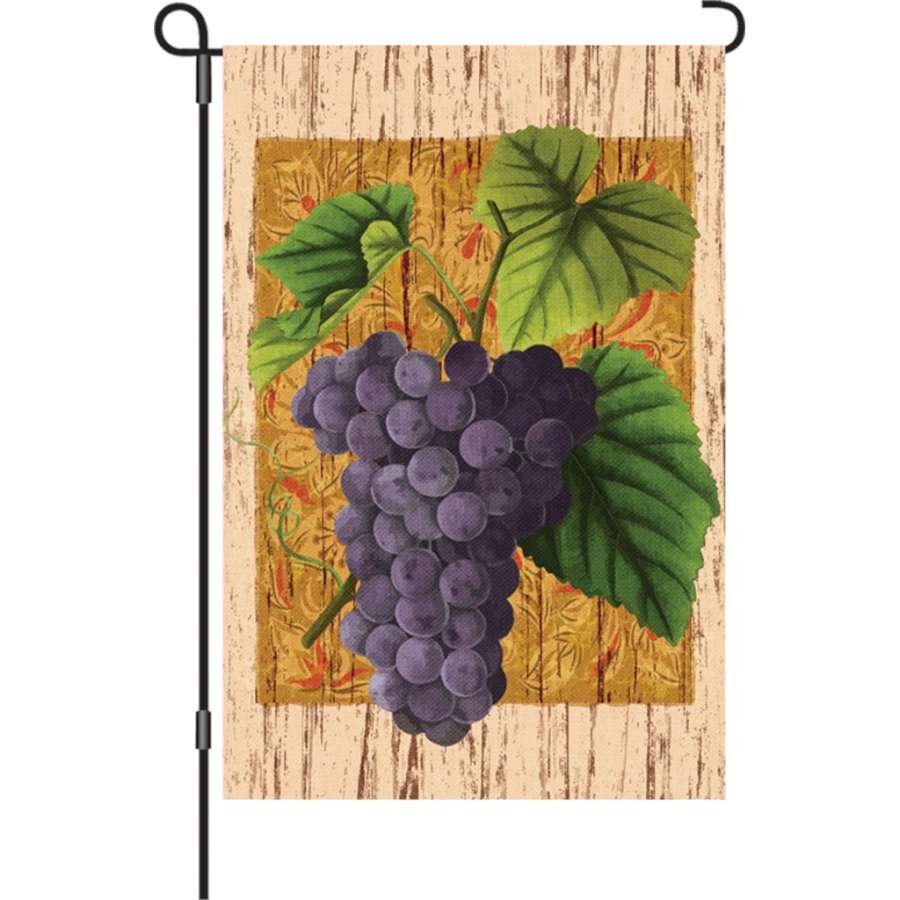 12 in. illuminated garden flag featuring a vibrant grapevine design, displayed elegantly in a lush garden setting.