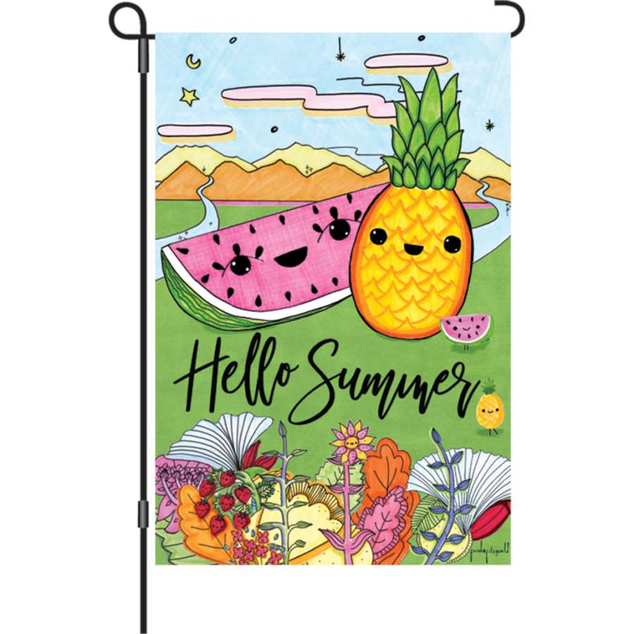 12 in. Hello Summer flag made of PremierSoftTM fabric with colorful text displayed in an outdoor garden setting, swaying gently in the breeze.