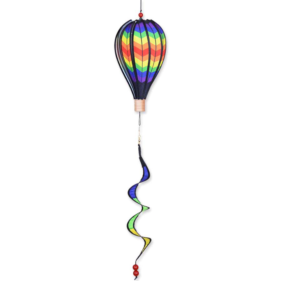 12 in. Hot Air Balloon featuring a double rainbow chevron design, spinning gracefully in a gentle breeze as a colorful decoration.