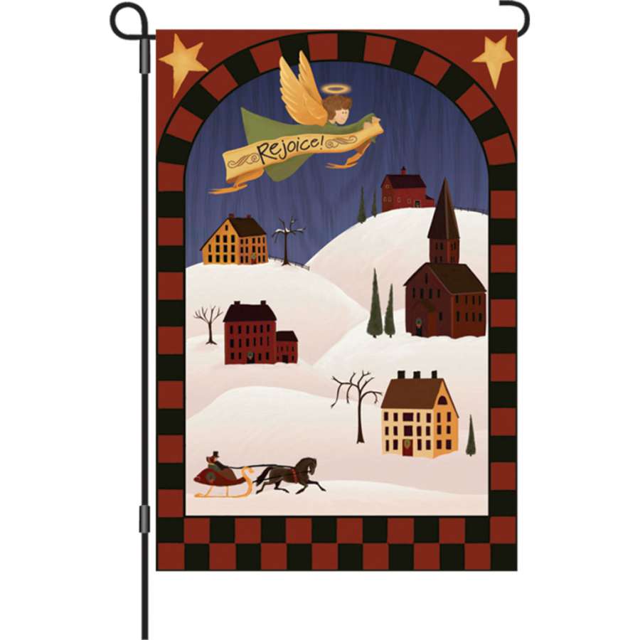 12 in. Rejoice garden flag with vibrant winter design displayed on a garden flag stand, enhancing outdoor holiday decor.