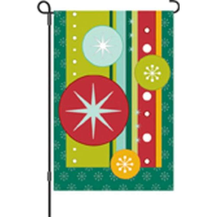 12 in. Retro Christmas garden flag displaying cheerful winter holiday designs, perfect for outdoor decoration in a festive garden setting.