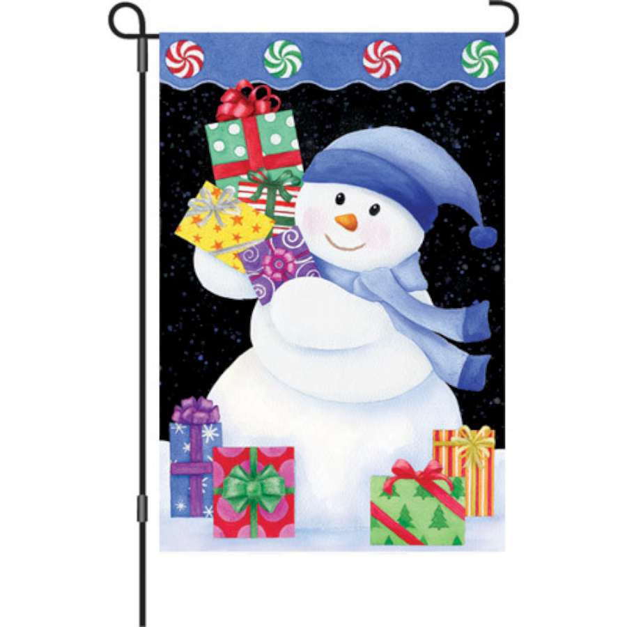 12 in. Snowman Presents garden flag displaying a cheerful snowman surrounded by colorful gifts, perfect for winter outdoor decor.