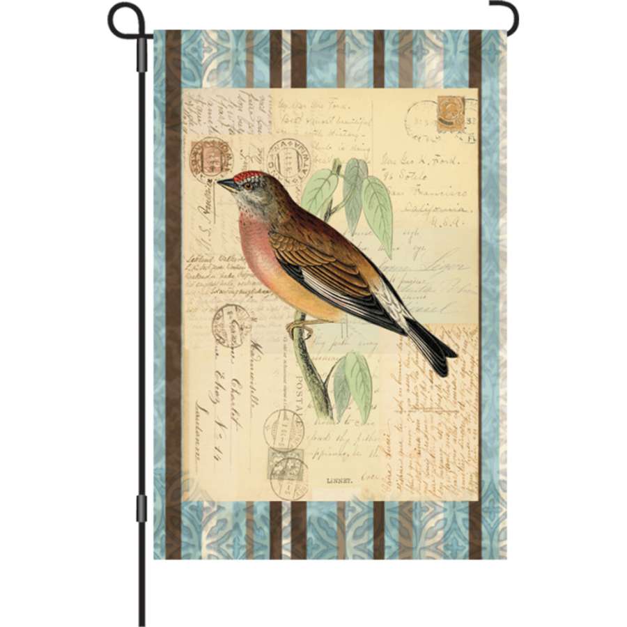 12 in. illuminated garden flag featuring colorful songbird designs on a durable polyester fabric, displayed in an outdoor garden setting.