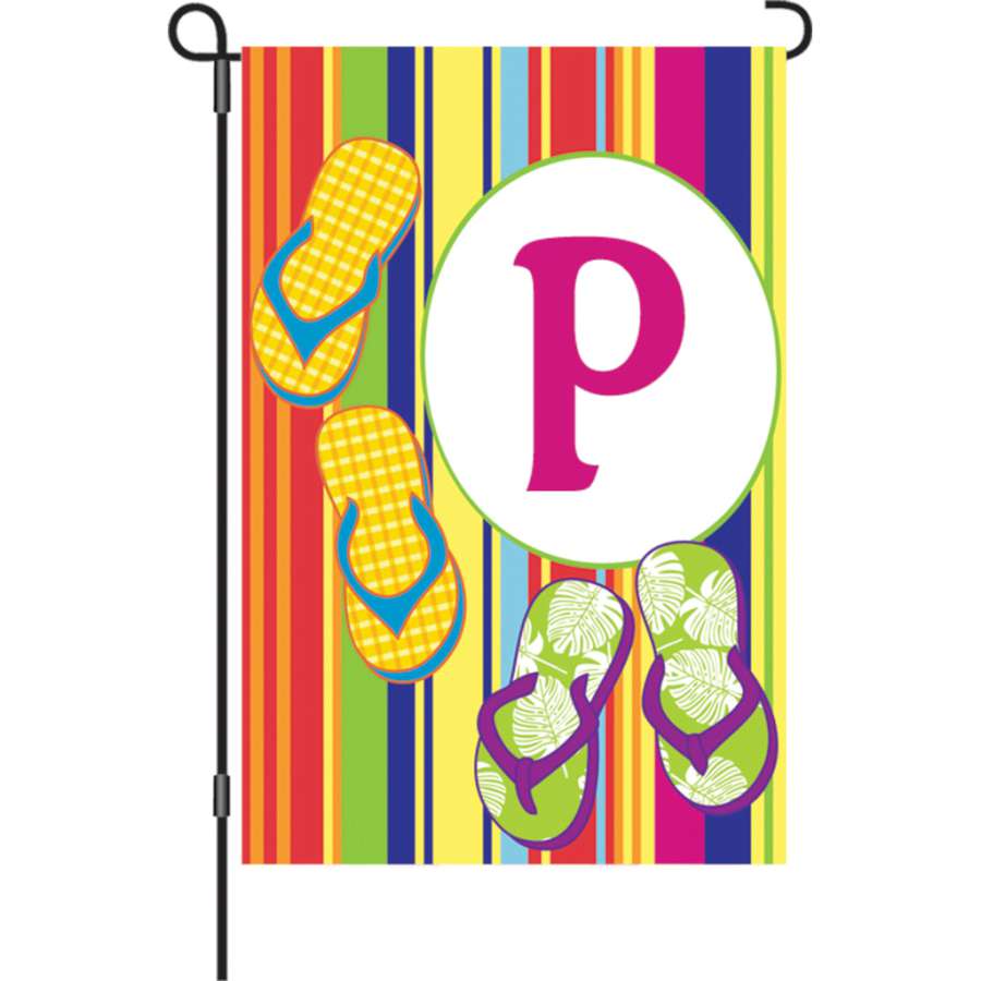 12 in. Summer Monogram Flag - P displayed in a garden, showcasing the initial 'P' against a vibrant summer background.