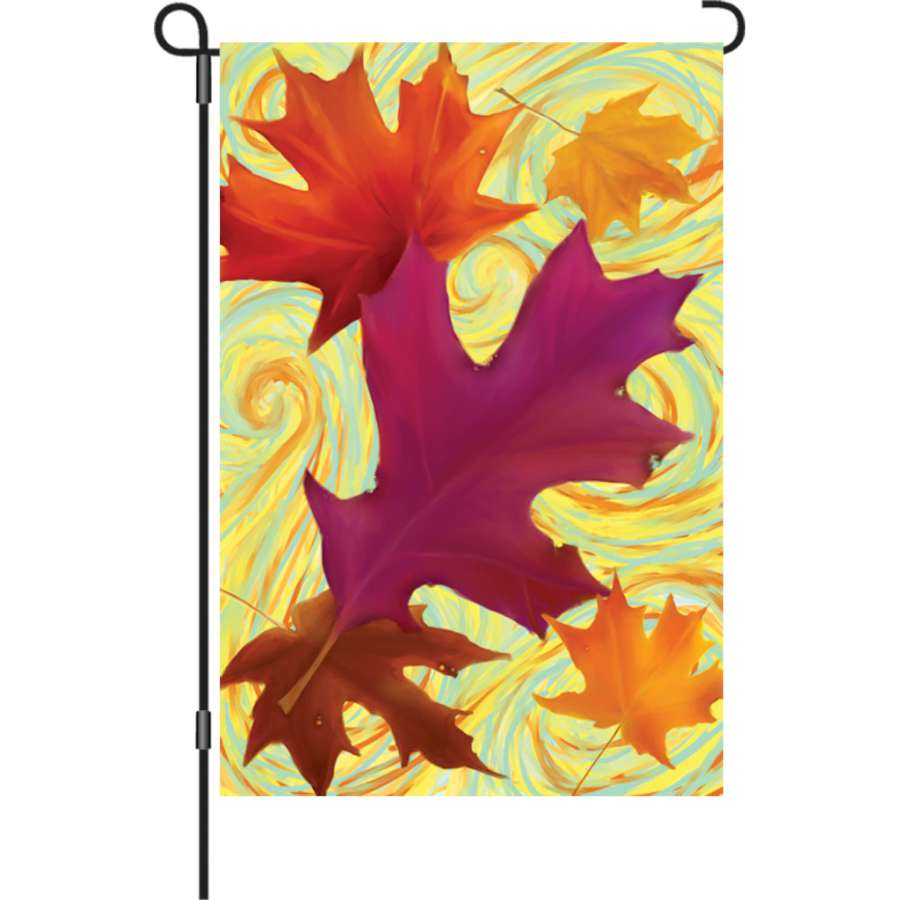 12 in. Swirling Leaves illuminated garden flag featuring intricate leaf designs, displayed in a cozy autumn garden setting.