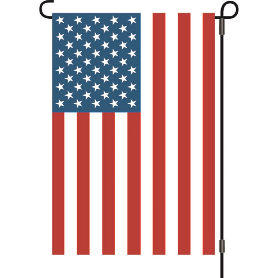 Vibrant 12 in. illuminated United States Flag displayed in a garden setting, showcasing bright colors and patriotic design.