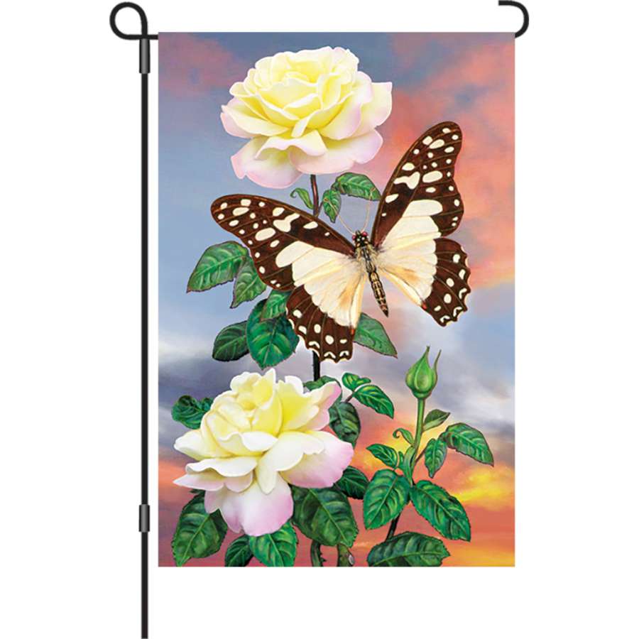 12 in. White Lady Swallowtail garden flag made from durable polyester, showcasing colorful butterfly design against a vibrant background in outdoor setting.