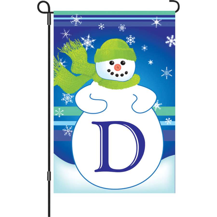 12 in. Winter Monogram Flag - D featuring an elegant monogram design displayed in a winter garden setting, adding a personal touch.