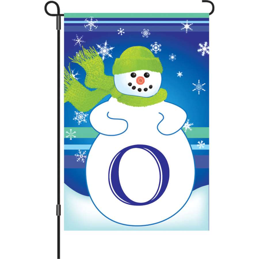 12 in. Winter Monogram Flag - O with a decorative letter O surrounded by winter-themed designs, displayed outdoors on a flag stand.
