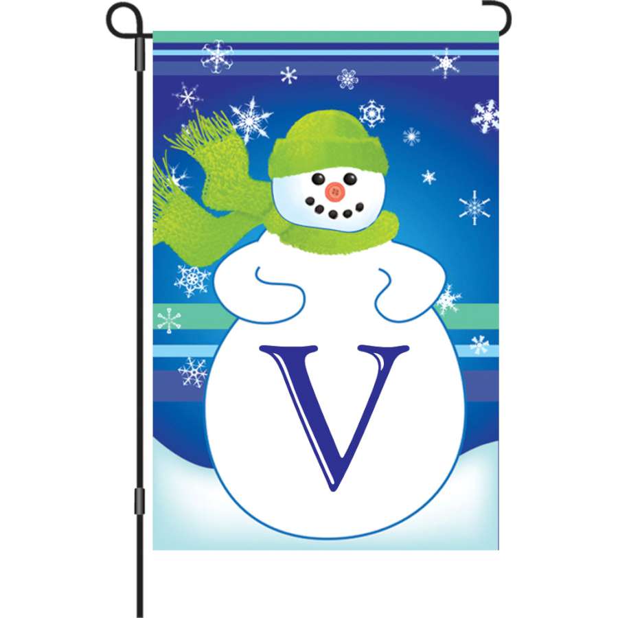 12 in. Winter Monogram Flag - V featuring a personalized letter V surrounded by winter designs, displayed on a garden flagpole.