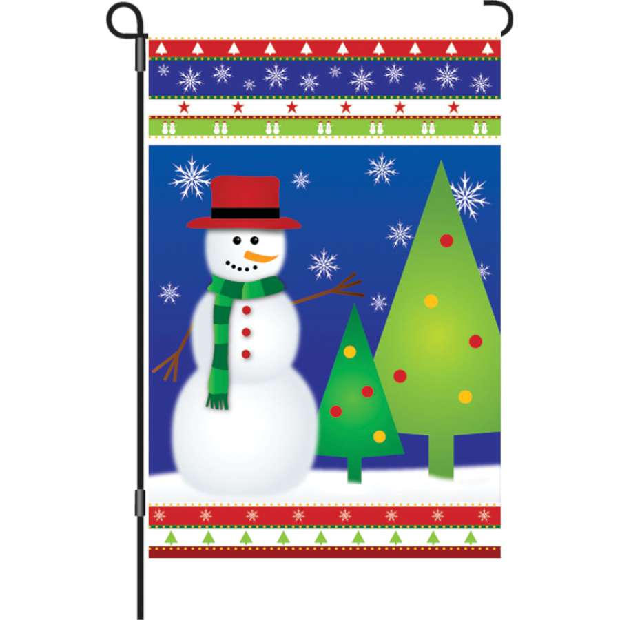 12 in. Winter Wonderland garden flag displaying a picturesque snow-covered scene, showcasing vibrant colors and intricate details.