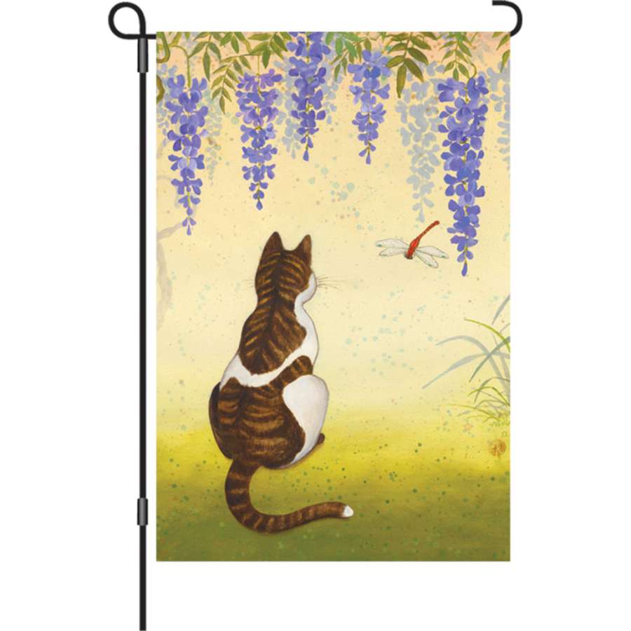 Illuminate your garden with the 12 in. Wisteria Cat Flag, showcasing vibrant colors and adorable cat designs for outdoor charm and personality.